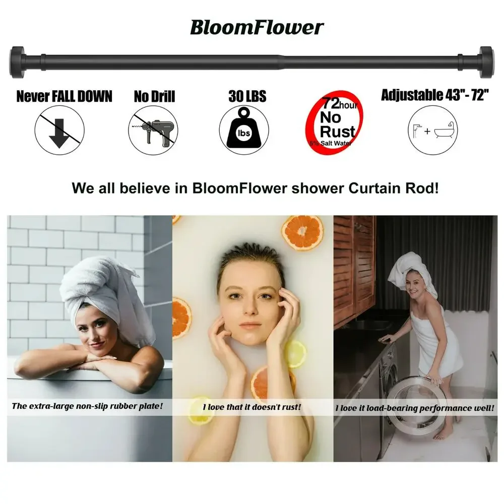 BloomFlower Black Shower Curtain Rod,43''-72'' Never Rust Adjustable Tension Rod